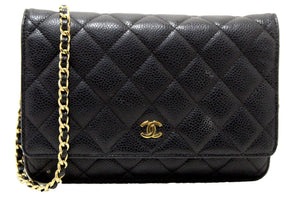 Chanel Black Quilted Caviar Leather Wallet On Chain WOC Messenger Bag