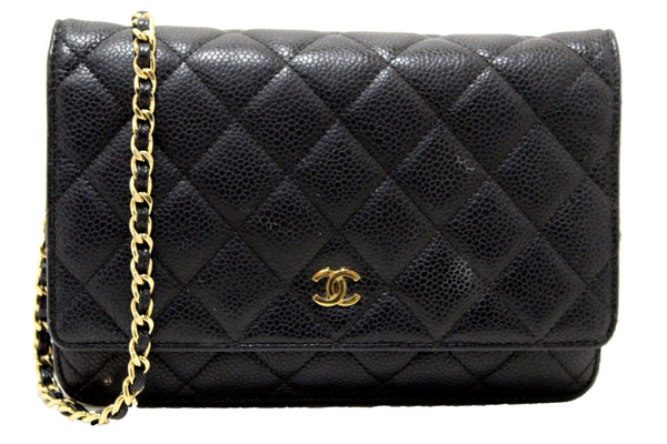 Chanel Black Quilted Caviar Leather Wallet On Chain WOC Messenger Bag