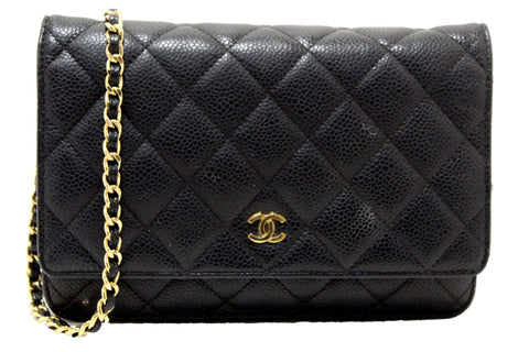 Chanel Black Quilted Caviar Leather Wallet On Chain WOC Messenger Bag