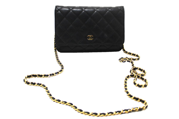 Chanel Black Quilted Caviar Leather Wallet On Chain WOC Messenger Bag