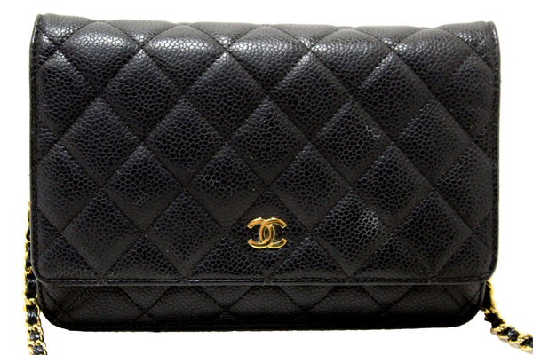 Chanel Black Quilted Caviar Leather Wallet On Chain WOC Messenger Bag