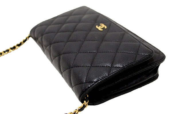 Chanel Black Quilted Caviar Leather Wallet On Chain WOC Messenger Bag