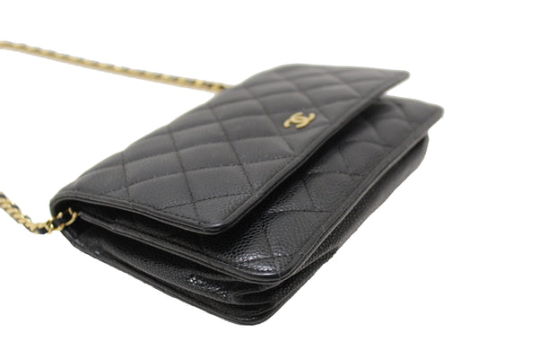 Chanel Black Quilted Caviar Leather Wallet On Chain WOC Messenger Bag
