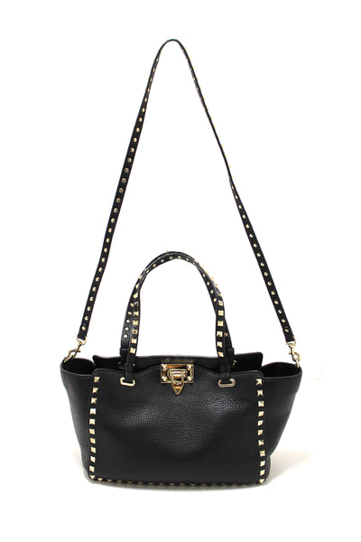 Valentino Black Small Rockstud Calfskin Leather Tote Shoulder Bag