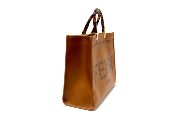 Authentic Fendi Brown Calfskin Leather Roma Sunshine Medium Tote Bag