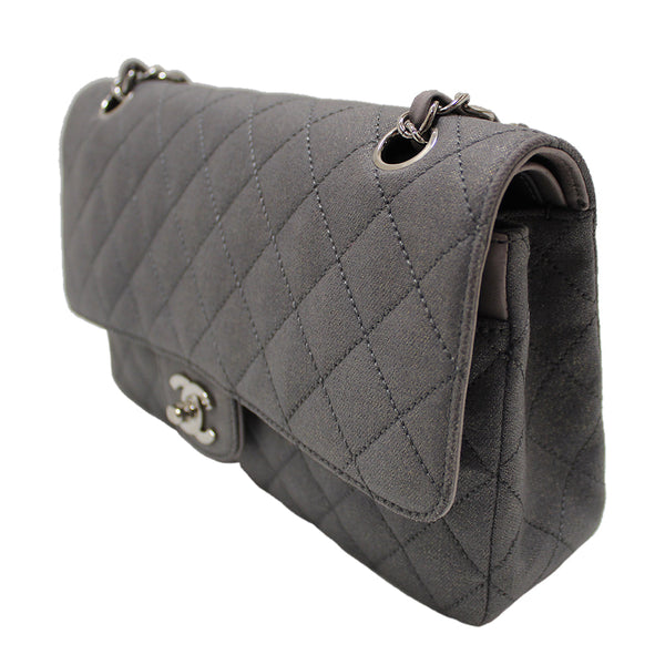 Chanel Grey Glitter Canvas Medium Classic Flap Shoulder Chain Bag