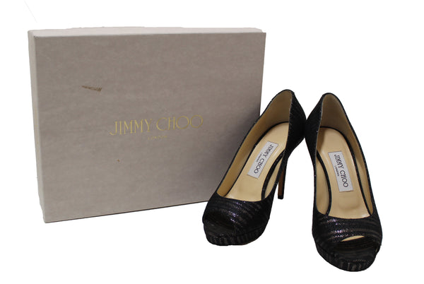 新的Jimmy Choo黑色/金色帆布敞開腳趾泵鞋尺寸37
