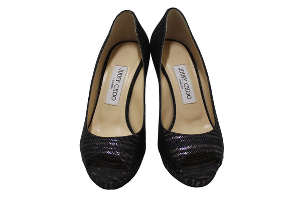 New Jimmy Choo Black/Gold Canvas Open Toe Pumps Shoes Size 37