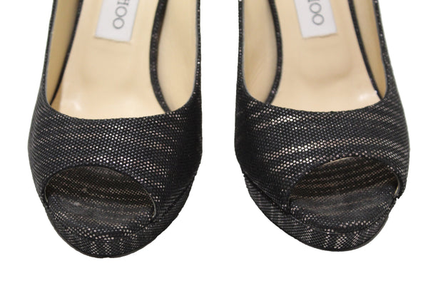 New Jimmy Choo Black/Gold Canvas Open Toe Pumps Shoes Size 37