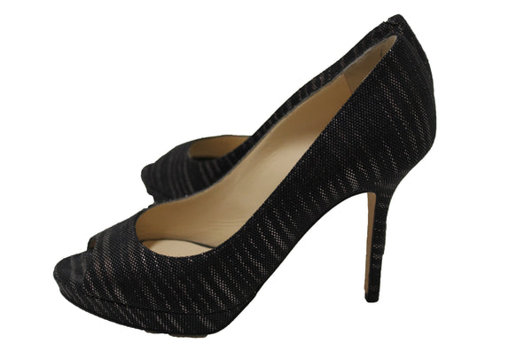 New Jimmy Choo Black/Gold Canvas Open Toe Pumps Shoes Size 37