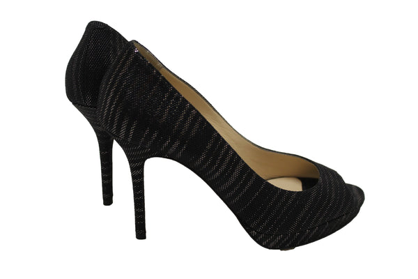 New Jimmy Choo Black/Gold Canvas Open Toe Pumps Shoes Size 37
