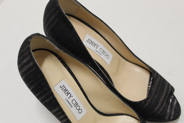 New Jimmy Choo Black/Gold Canvas Open Toe Pumps Shoes Size 37