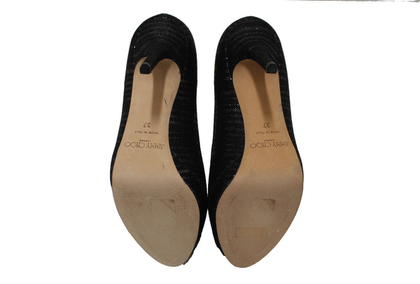 New Jimmy Choo Black/Gold Canvas Open Toe Pumps Shoes Size 37