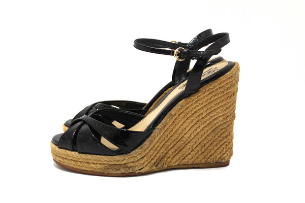 Gucci Black Guccissima Patent Leather Penelope Espadrille Wedges Sandals Size 36