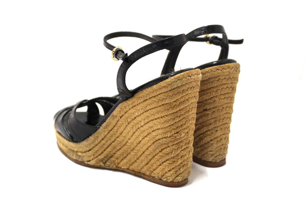 Gucci Black Guccissima Patent Leather Penelope Espadrille Wedges Sandals Size 36