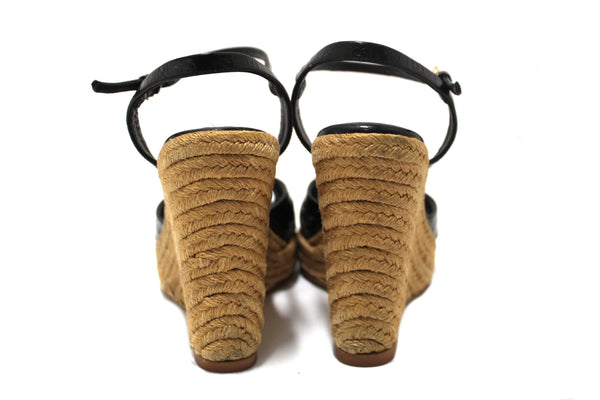 Gucci Black Guccissima Patent Leather Penelope Espadrille Wedges Sandals Size 36