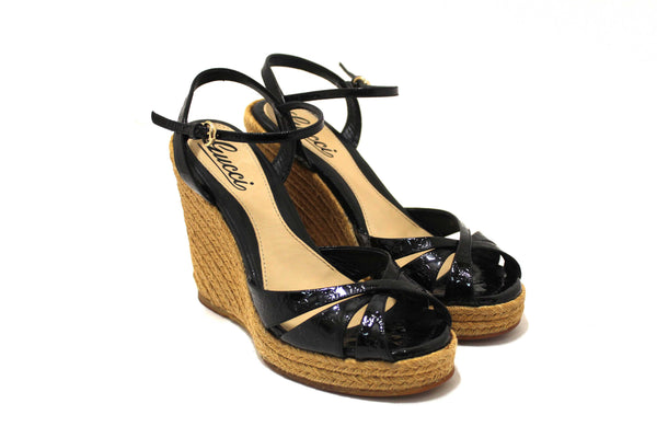 Gucci Black Guccissima Patent Leather Penelope Espadrille Wedges Sandals Size 36