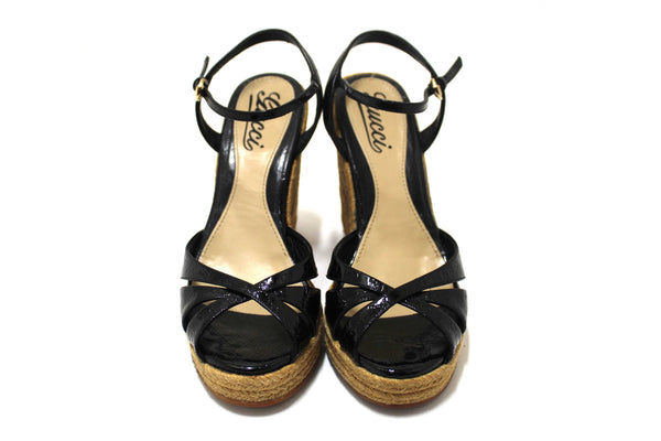 Gucci Black Guccissima Patent Leather Penelope Espadrille Wedges Sandals Size 36