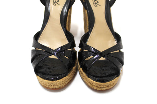 Gucci Black Guccissima Patent Leather Penelope Espadrille Wedges Sandals Size 36