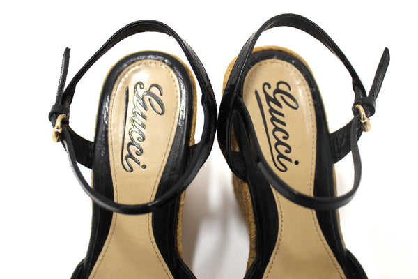 Gucci Black Guccissima Patent Leather Penelope Espadrille Wedges Sandals Size 36