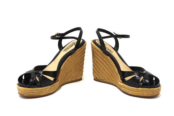 Gucci Black Guccissima Patent Leather Penelope Espadrille Wedges Sandals Size 36
