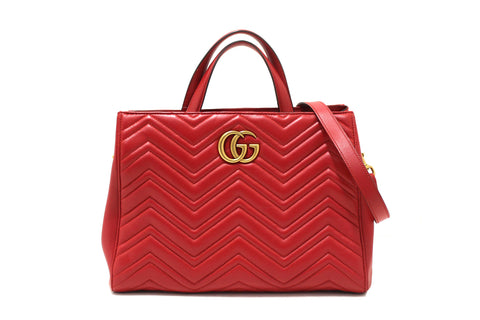 Gucci Red Hibiscus Red Calfskin Matelasse GG Marmont Medium Top Handle Shoulder Bag