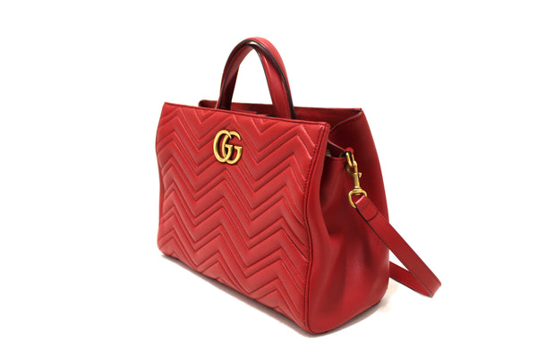 Gucci Red Hibiscus Red Calfskin Matelasse GG Marmont Medium Top Handle Shoulder Bag