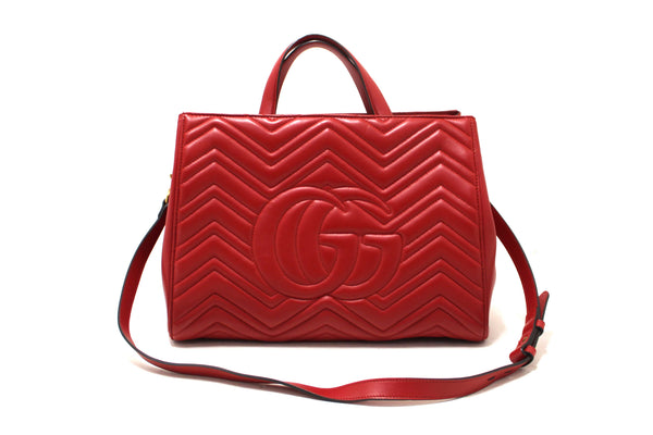 Gucci Red Hibiscus Red Calfskin Matelasse GG Marmont Medium Top Handle Shoulder Bag