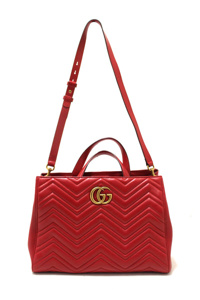 Gucci Red Hibiscus Red Calfskin Matelasse GG Marmont Medium Top Handle Shoulder Bag