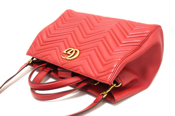 Gucci Red Hibiscus Red Calfskin Matelasse GG Marmont Medium Top Handle Shoulder Bag
