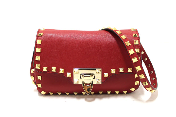 Valentino Garavani Red Vitello Mini Rockstud Flap Saddle Crossbody Bag