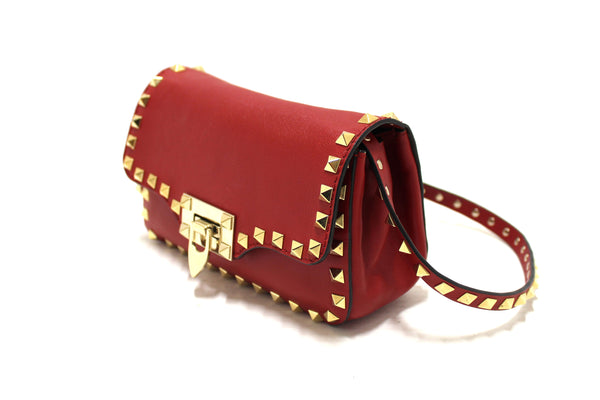 Valentino Garavani Red Vitello Mini Rockstud Flap Saddle Crossbody Bag