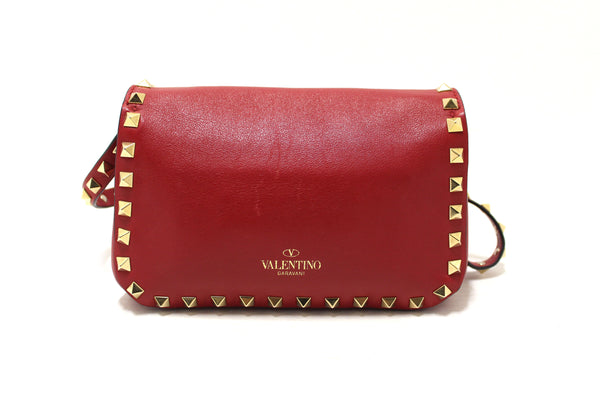 Valentino Garavani Red Vitello Mini Rockstud Flap Saddle Crossbody Bag