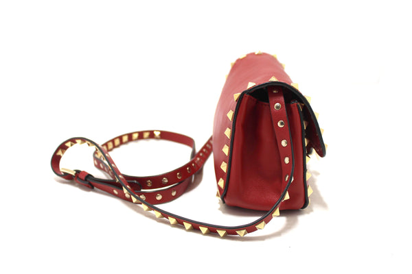 Valentino Garavani Red Vitello Mini Rockstud Flap Saddle Crossbody Bag