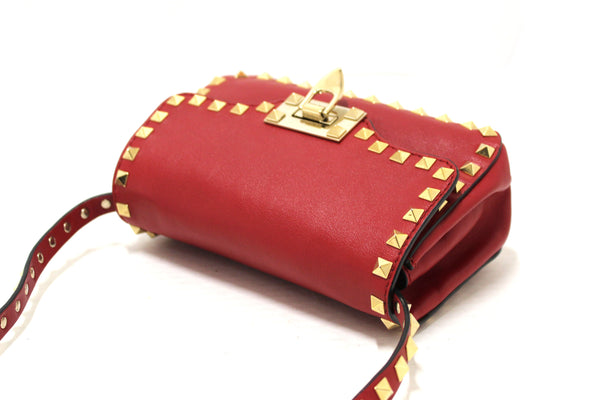 Valentino Garavani Red Vitello Mini Rockstud Flap Saddle Crossbody Bag