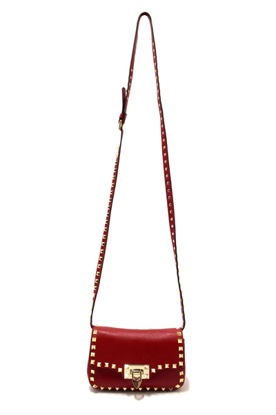 Valentino Garavani Red Vitello Mini Rockstud Flap Saddle Crossbody Bag