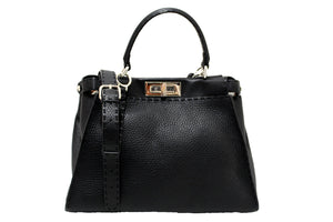 Fendi Black Cuoio Romano Leather Selleria Medium Peekaboo Iconic Satchel Bag