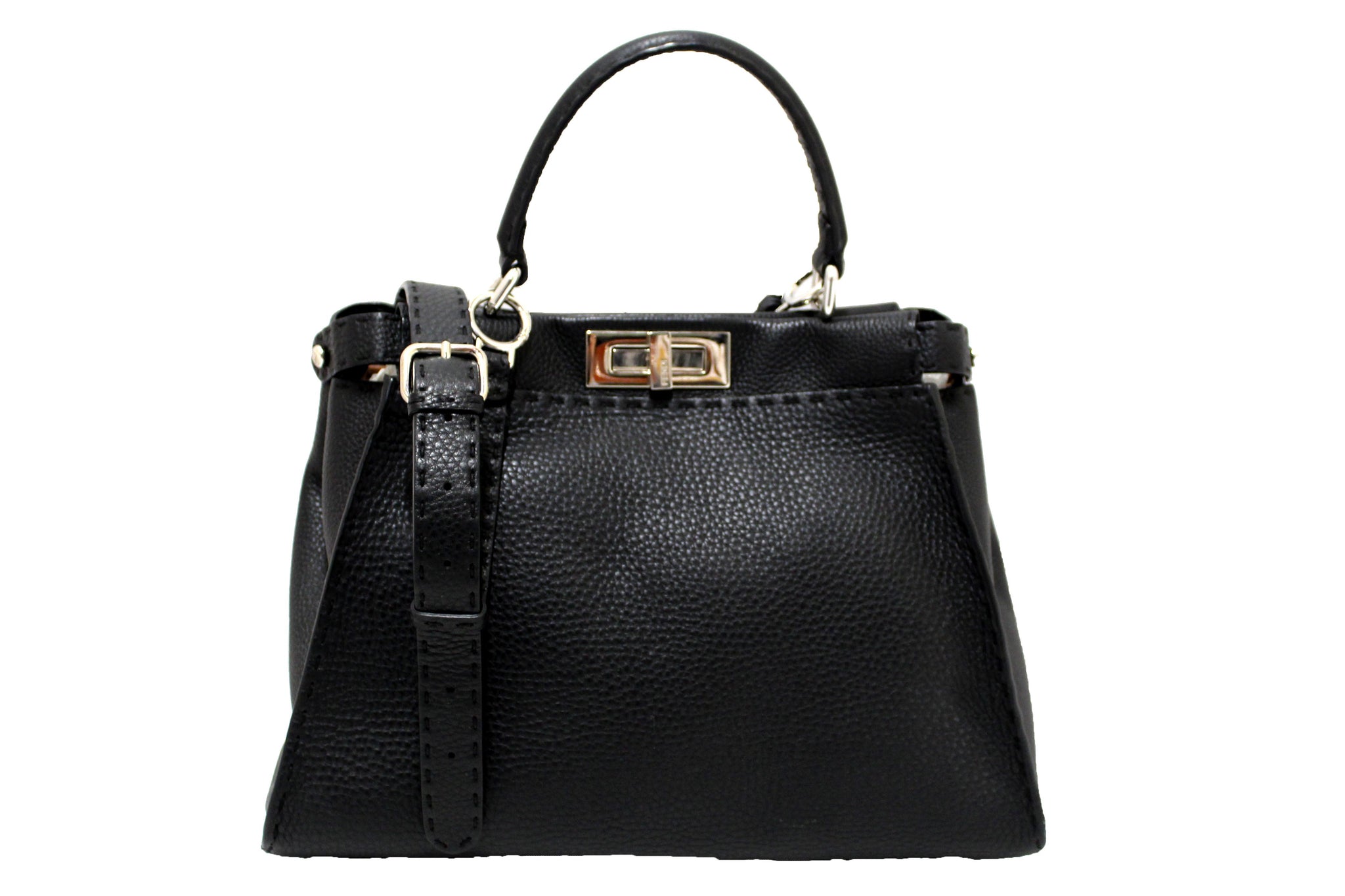 Fendi Black Cuoio Romano Leather Selleria Medium Peekaboo Iconic Satch Italy Station