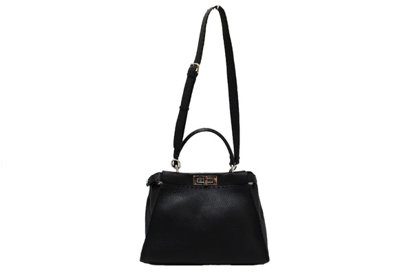 Fendi Black Cuoio Romano Leather Selleria Medium Peekaboo Iconic Satchel Bag