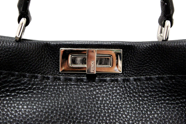 Fendi Black Cuoio Romano Leather Selleria Medium Peekaboo Iconic Satchel Bag