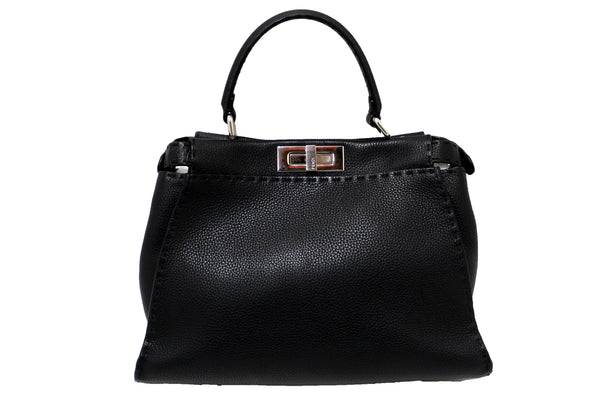 Fendi Black Cuoio Romano Leather Selleria Medium Peekaboo Iconic Satchel Bag