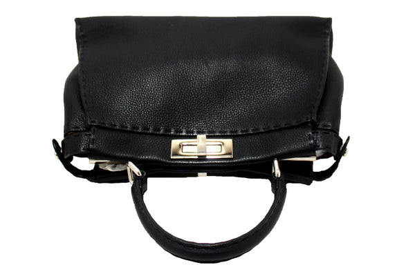 Fendi Black Cuoio Romano Leather Selleria Medium Peekaboo Iconic Satchel Bag