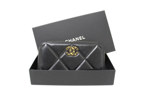 Chanel 19 Black Quilted Lambskin Leather Long Zip Around Wallet