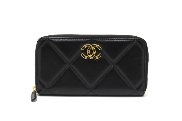 Chanel 19 Black Quilted Lambskin Leather Long Zip Around Wallet