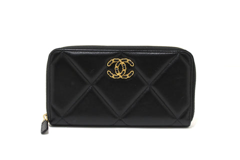 Chanel 19 Black Quilted Lambskin Leather Long Zip Around Wallet