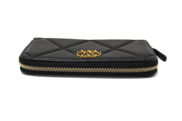 Chanel 19 Black Quilted Lambskin Leather Long Zip Around Wallet