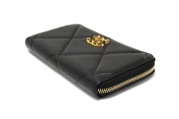 Chanel 19 Black Quilted Lambskin Leather Long Zip Around Wallet