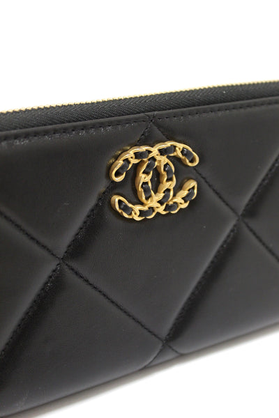 Chanel 19 Black Quilted Lambskin Leather Long Zip Around Wallet