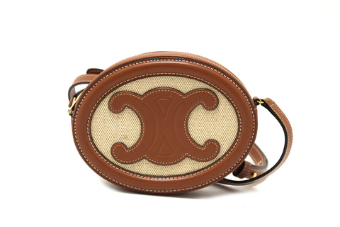 Celine Textile and Brown Leather Oval Purse Cuir Triomphe Crossbody Bag