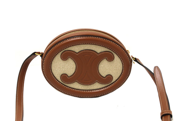 Celine Textile and Brown Leather Oval Purse Cuir Triomphe Crossbody Bag